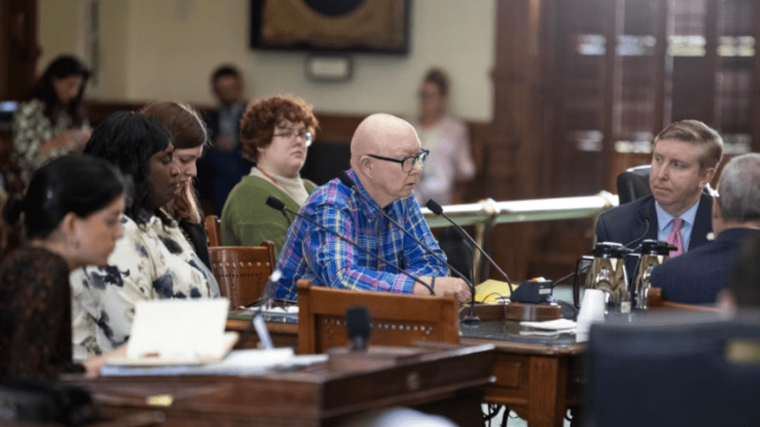 Tim Leggett told lawmakers including Sen. Tan Parker, right, about the horror of learning his brother's body was used for medical training without permission.