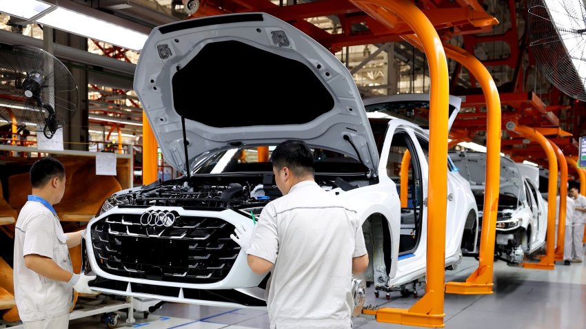 JIMO, CHINA – MAY 21: Car bodies are assembled at a factory of FAW-Volkswagen Automotive Co., Ltd Qingdao Branch on May 21, 2025 in Jimo, Qingdao City, Shandong Province of China.